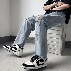 破洞牛仔裤男女夏季九分裤ins潮牌老爹裤宽松直筒阔腿裤N8803-p40，男装牛仔裤，星座1008-1