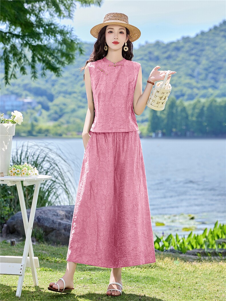 现货2026夏季新中式老钱风提花新款套装两件套,女装套装/套裙,伊仟回