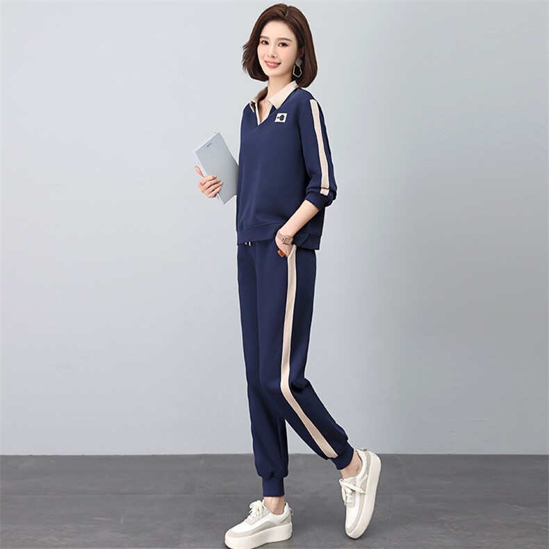 时尚休闲翻领绣花撞色套装显瘦百搭长袖运动服两件套,女装套装/套裙,依恋蒂丝