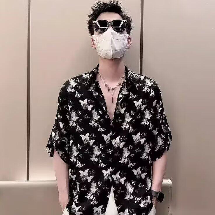 冰丝衬衫短袖男夏季潮牌痞帅扎染衬衣男款2025新款男士夏装半截袖,男装T恤,星座410-7