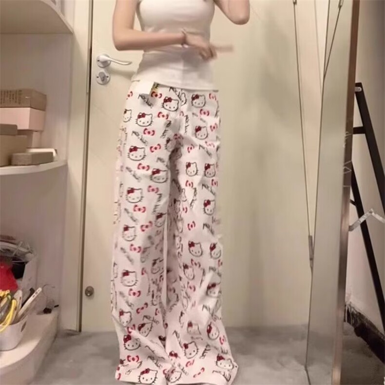 满印HelloKitty阔腿裤女生夏季宽松显瘦直筒裤慵懒百搭休闲拖地裤,男装休闲裤,星座1210-1