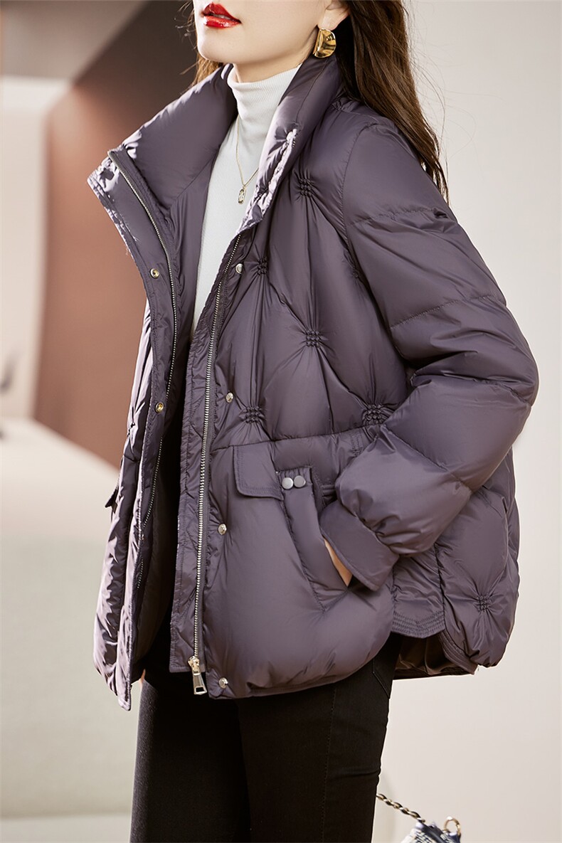 高端洋气短款羽绒服女2025冬新款小个子妈妈立领白鸭绒面包服外套,女装羽绒服,丽影随形