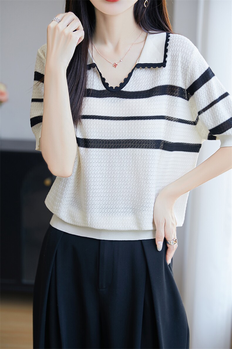 莱赛尔针织条纹短袖T恤女2025夏薄POLO领撞色宽松显瘦百搭上衣t恤,针织衫/毛衣,唐诺
