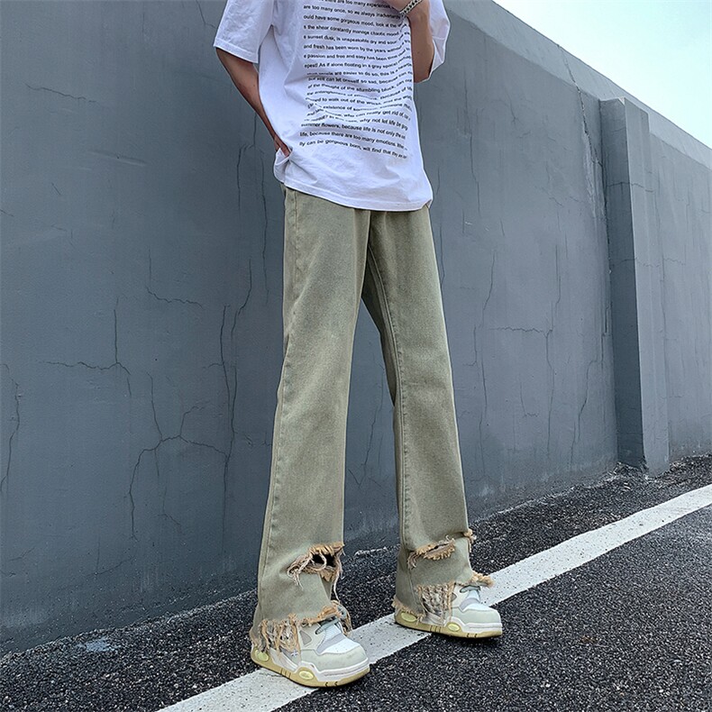 现货 黄泥美式vibe裤高街黑色破洞微喇直筒毛边牛仔裤男 K890-P55图片