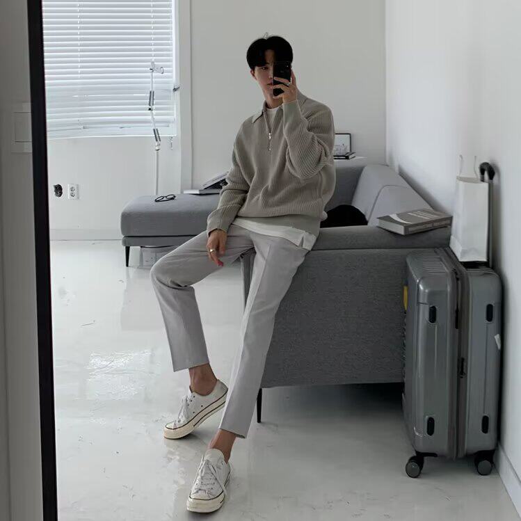M27-P47美式复古半拉链针织衫男宽松落肩长袖毛衣cityboy线衣,男装T恤,电商B323A