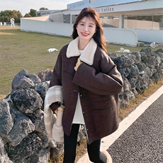 咖色美拉德皮毛一体外套女秋冬2025新款韩版宽松加绒加厚翻领棉服，女装短外套，2C153
