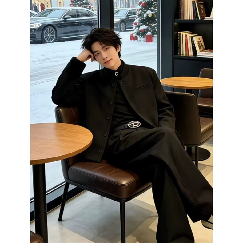 秋季复古酒红色垫肩小立领短款西服外套男高级感毛呢外套韩版,男装西服,四季星座505