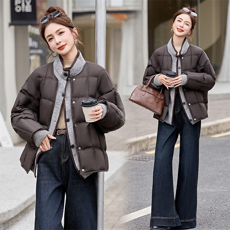2025冬季新款韩系拼接假两件短款外套女冬季白鸭绒羽绒服,女装羽绒服,自然秀