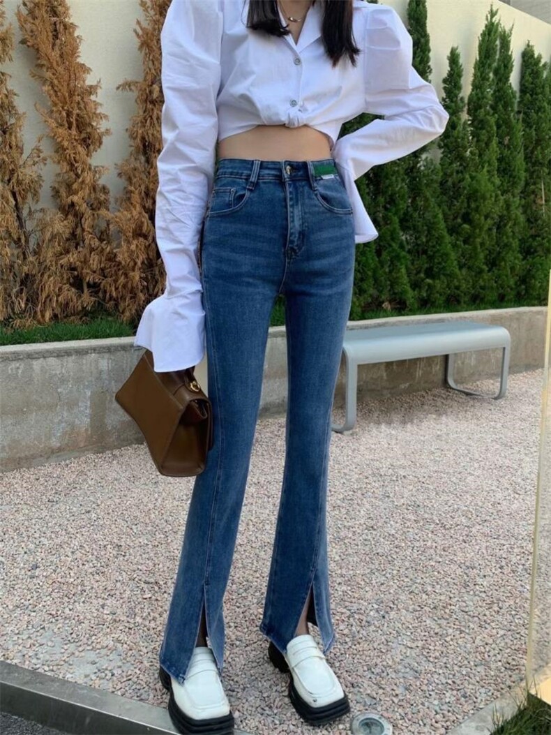 2022春弹力前升叉高腰显瘦微嗽牛仔裤，女装牛仔裤，简 影