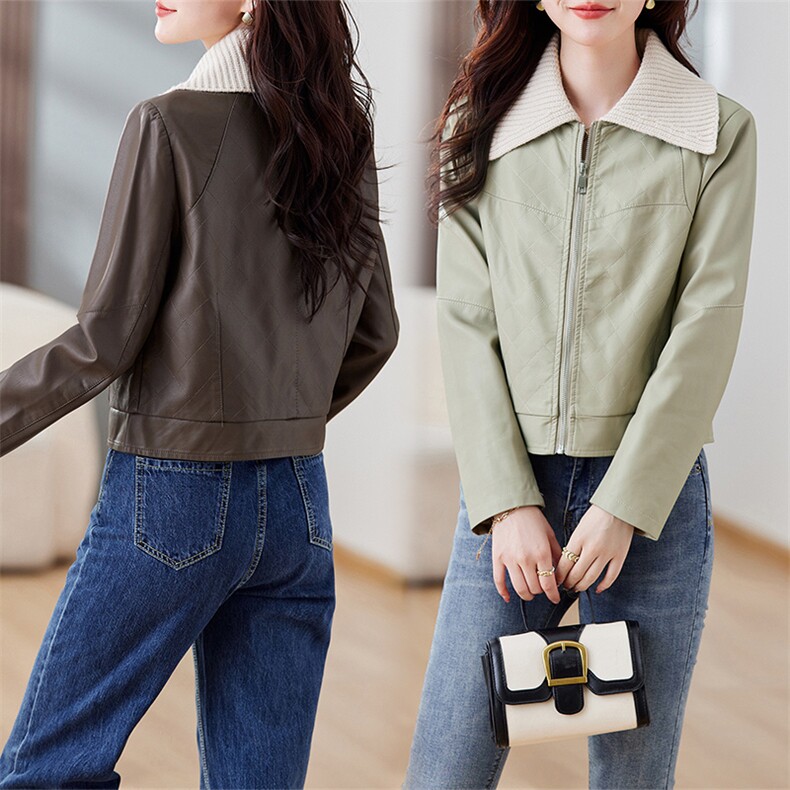 洋气小个子皮衣外套女2023春装新款韩版针织翻领显瘦pu皮短款夹克，女装皮衣，江南女神