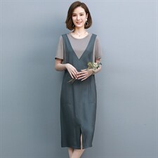 2021夏季新款简约气质圆领时尚假两件连衣裙图片