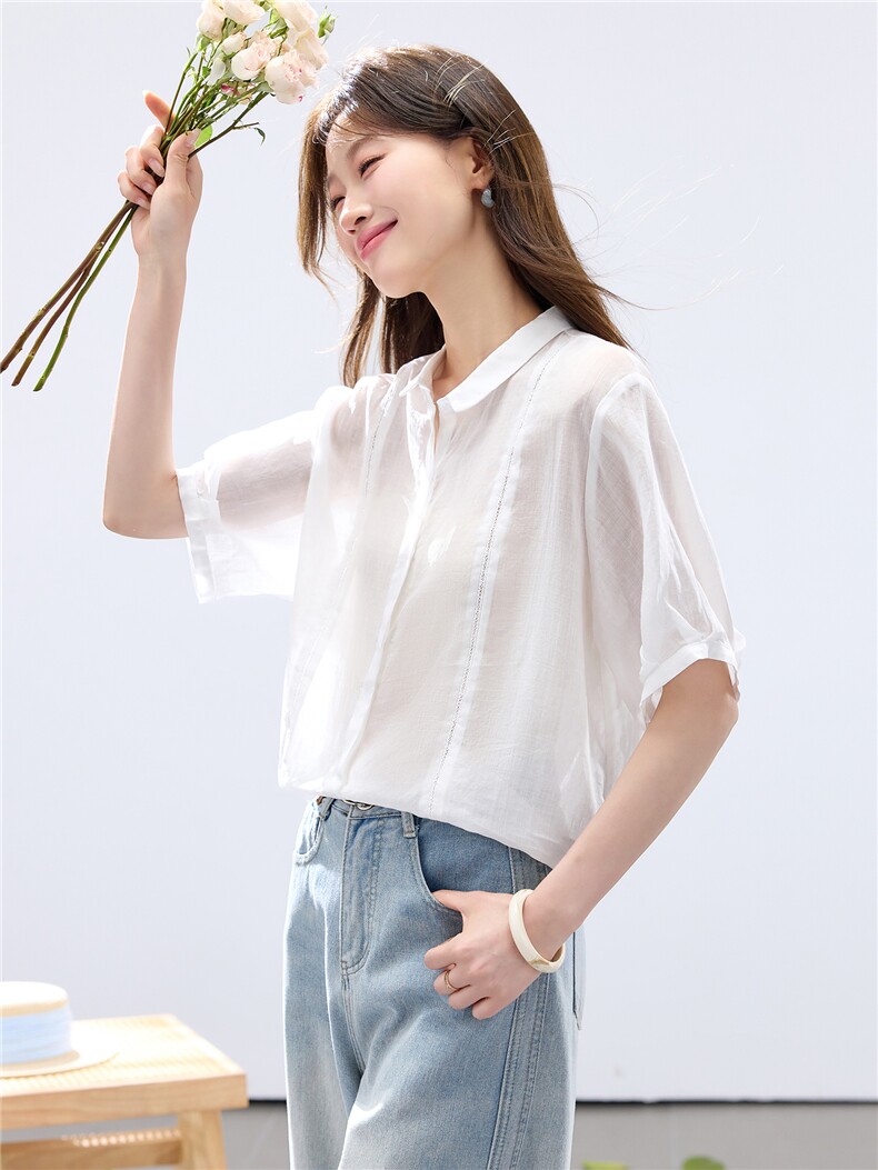 2026年夏季衬衫领休闲短袖纯色苎麻棉拼接衬衫小衫,女装衬衫,简韵佳