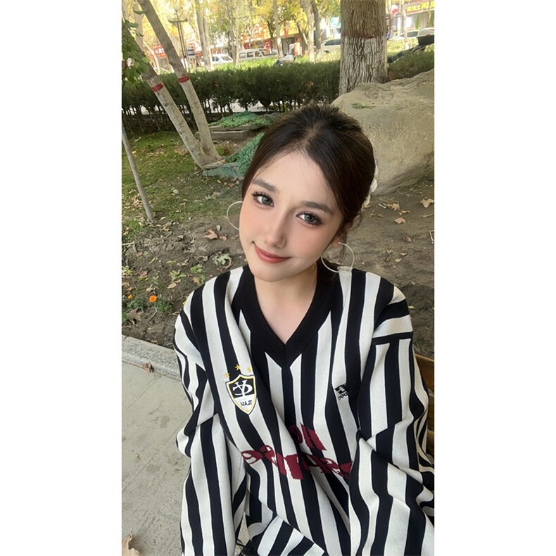 竖条纹球衣针织衫秋季男女拼色运动宽松情侣长袖上衣MY356,男装针织衫/毛衣,星座1116A（原606A-3）