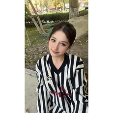 竖条纹球衣针织衫秋季男女拼色运动宽松情侣长袖上衣MY356，男装针织衫/毛衣，星座1116A（原606A-3）