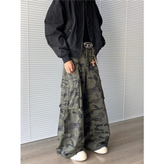 复古迷彩阔腿弯刀工装牛仔裤男女百搭潮牌宽松休闲裤8007P65，男装牛仔裤，星座410-2