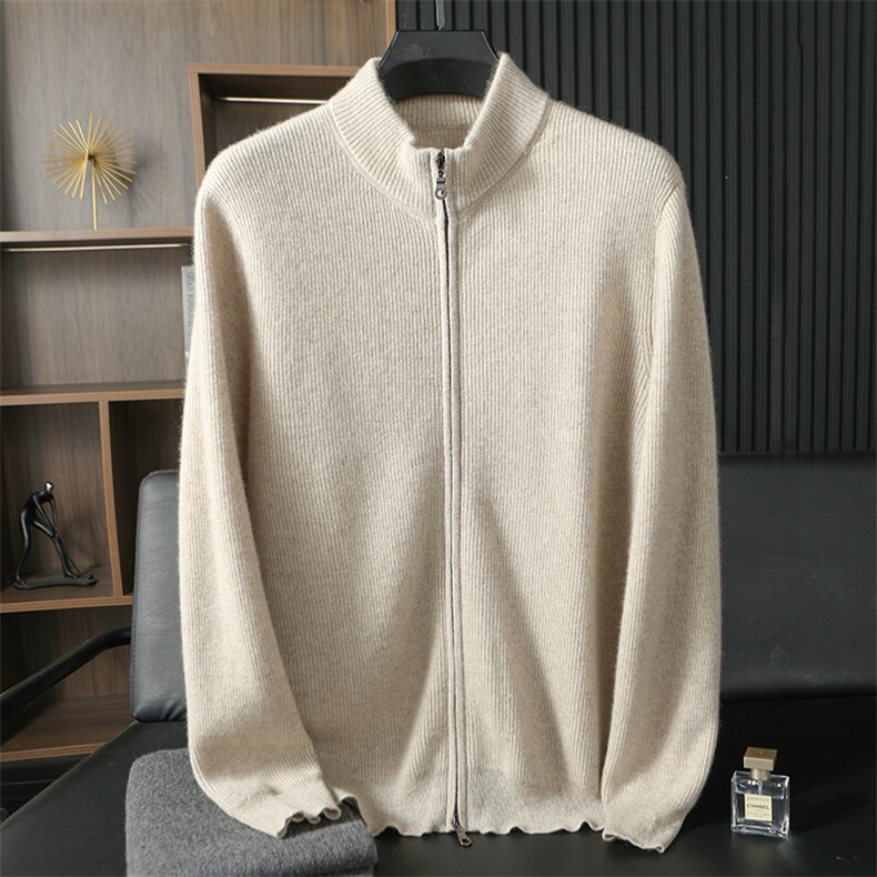 男士秋冬新款简约休闲羊绒开衫高领拉链设计保暖舒适，男装羊绒套衫，台绒羊绒