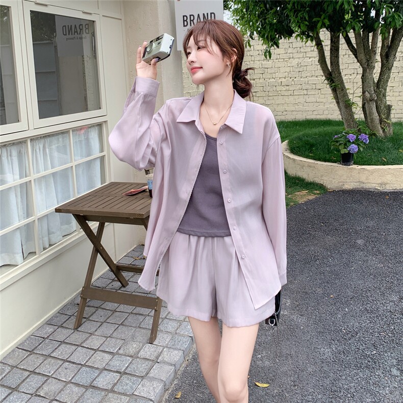 甜美浅紫色轻薄防晒衬衫短裤套装女夏2025新款小个子巨好看两件套,女装套装/套裙,2C176