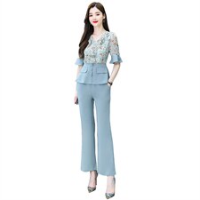 洋气减龄短袖雪纺套装女夏装2025新款时尚微喇叭阔腿裤套装两件套，女装套装/套裙，妙形