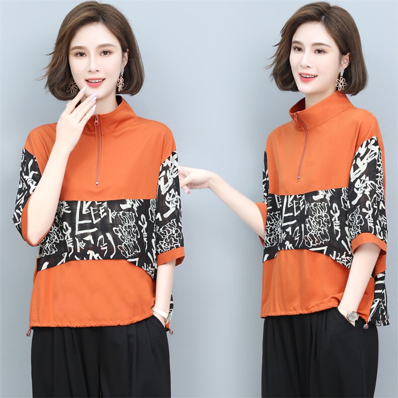 (新品)2025年夏季丝T恤接拼衬衫女印花中老年妈装三年不下架,女装套装/套裙,璐依舞