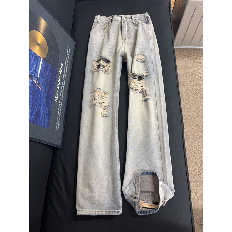 B221 美式ins高街暗黑宽松直筒破洞牛仔裤 LK25501-特P45控78图片