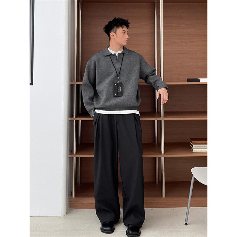 重磅冬北极绒老钱风亨利领毛衣美式复古休闲慵懒风纯色翻领针织衫,男装针织衫/毛衣,电商A443