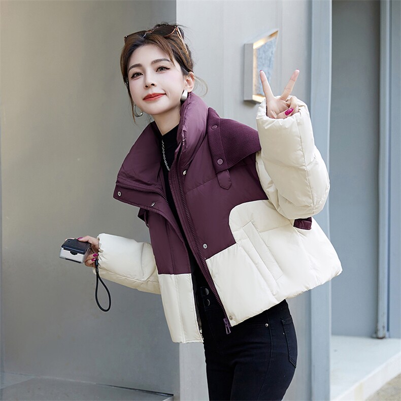 撞色立领羽绒服女短款2023冬季新款小个子加厚针织披肩面包服外套,女装羽绒服,众宇琦