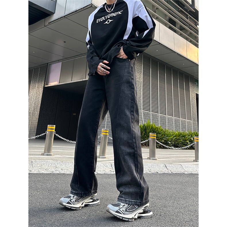 美式高街vibe风直筒长裤欧美痞帅男hiphop复古水洗拼接工装牛仔裤,男装牛仔裤,星座301D-4(原星座1004-4）