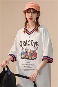 中性  春夏新款宽松复古卡通印花撞色螺纹短袖T恤女T6878 P40控58图片