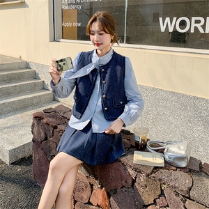 法式小香风衬衫马甲套装女2025年春季新款高腰显瘦半身裙三件套图片