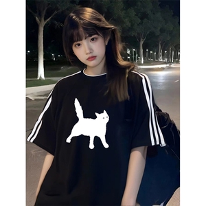 抖音得物高品质二开240克宽松纯棉美式潮牌三条杠织带短袖T恤图片