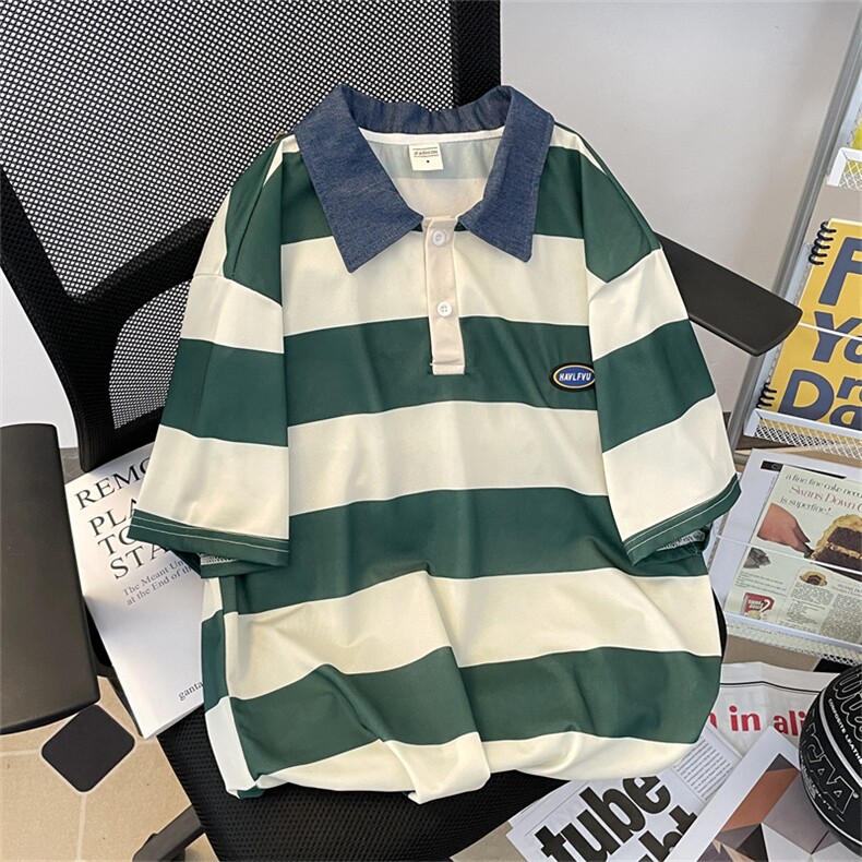 夏男短袖T恤条纹牛仔领POLO衫贴标T恤衫T0013P33,男装T恤,星座1013-1