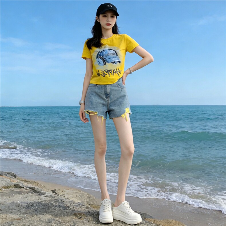 潮流休闲时尚运动套装女夏季新款圆领烫钻印花短袖牛仔短裤两件套,女装套装/套裙,江南