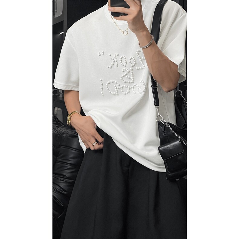简约风夏季潮流纯色高级感珍珠字母百搭圆领短袖T恤男女同款上衣,男装T恤,星座506A