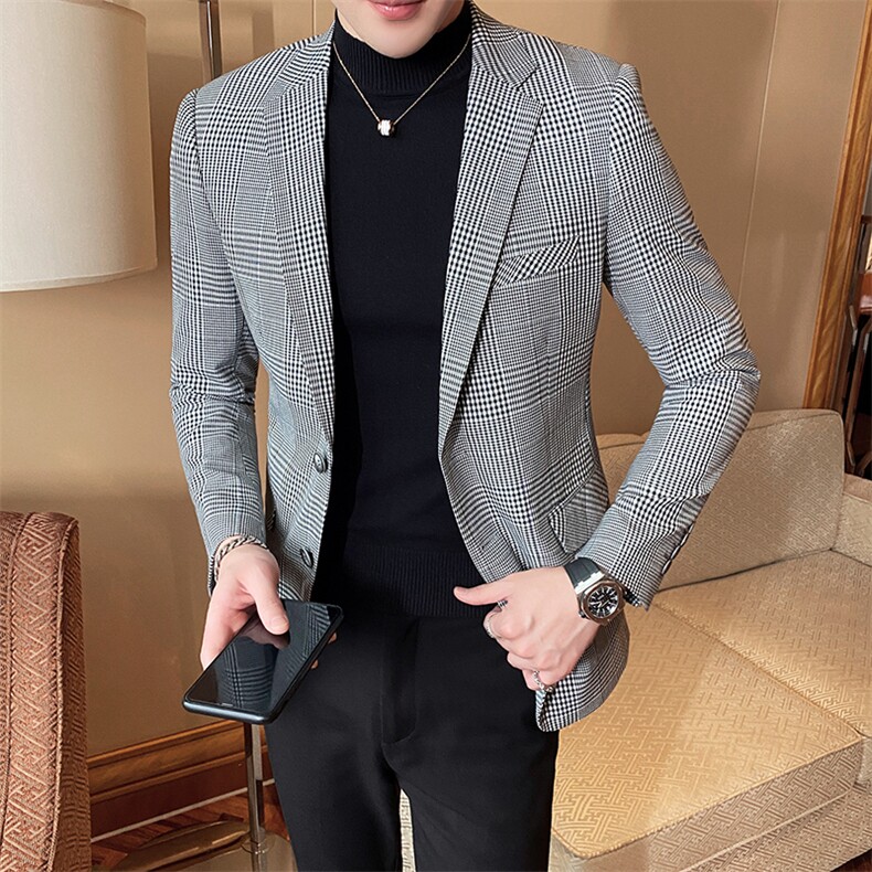 2023春新款西装男士白色格子西装西服西外套803-,男装西服,电商D225
