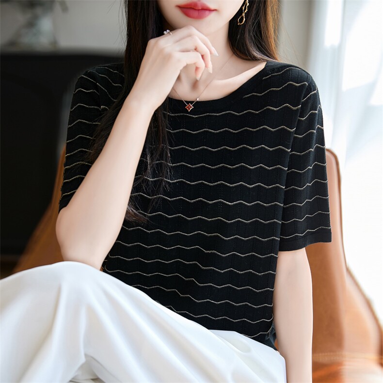 天丝针织正肩短袖T恤女2025夏季新款波浪纹镂空薄款透气纯色上衣t,女装T恤,昭美羊绒