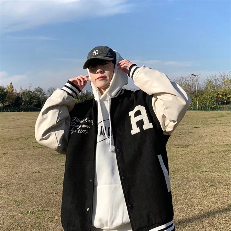 港风宽松毛呢刺绣皮袖夹克青少年连帽长袖W1101P62,男装夹克,星座1116-2