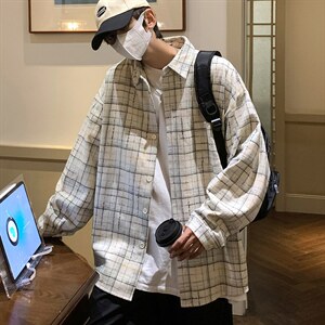 2025春秋季格子衬衫男潮流港风帅气厚款衬衣外套上衣DX131P55图片