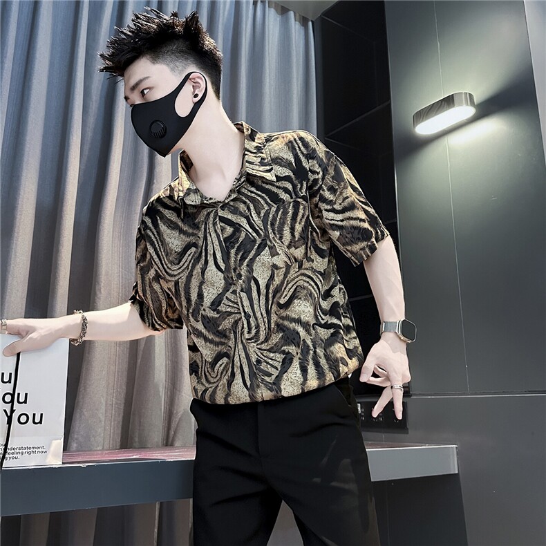 301C-CS19-P58控78冰丝薄款老虎纹印花短袖衬衫男社会小伙店主风图片