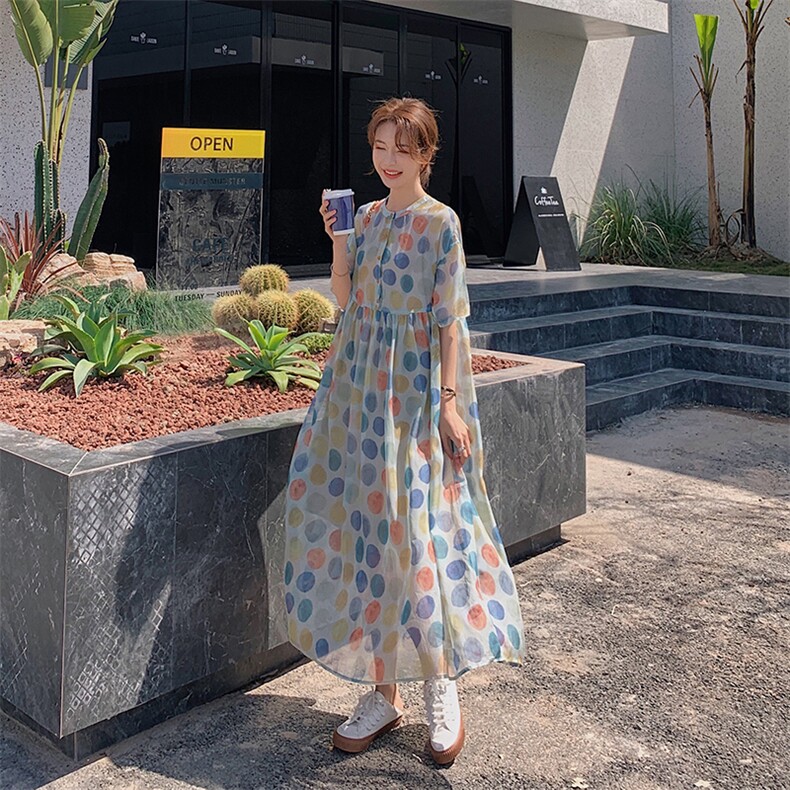 雪纺波点连衣裙女夏小众设计娃娃裙2025新款大码宽松森系仙女长裙图片