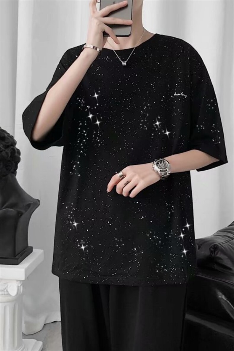 新款短袖T恤男女满天星反光夜店宽松半袖宽松潮流上衣T244-P25,男装T恤,星座512-2