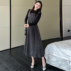 红色背带连衣裙套装女早春新款2025超火气质高级感长裙两件套，女装套装/套裙，天丽