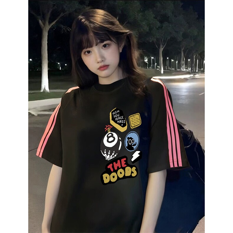 抖音得物品质二开240克宽松纯棉美式潮牌印花三条杠中性风短袖T恤,男装T恤,电商A486