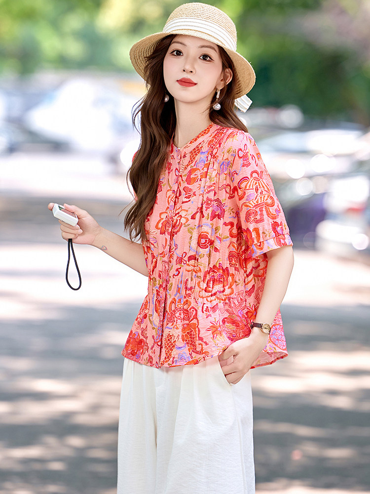 时尚休闲棉麻套装女2025夏新款复古印花褶皱收腰衬衫阔腿裤两件套,女装套装/套裙,恋慕依尚