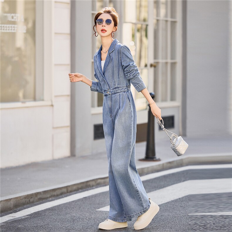 （新款现货）2026春装时尚显瘦西装领工装牛仔阔腿腰带连体裤女,女装连体裤,印象茜