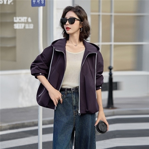 高级感拼色休闲连帽外套女2025秋新款宽松百搭显瘦冲锋衣夹克上衣图片
