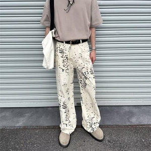 豹纹牛仔裤男春夏美式复古阔腿拖地裤宽松休闲裤子 KA608图片