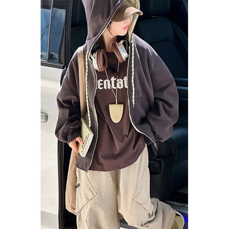 抖音得物二开美式高街重磅结构双层撞色连帽卫衣开衫外套W116,男装卫衣,电商A486