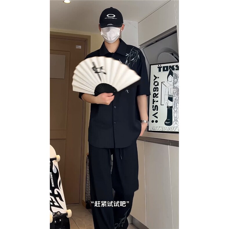 新中式男装风刺绣竹子短袖衬衫男款七分袖衬衣1007-H60-特P35,男装衬衫,星座1007（原301D）