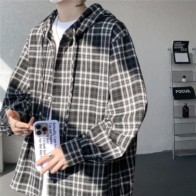 连帽格子衬衫男春季宽松大码慵懒风复古潮牌格纹休闲外套CS29011图片