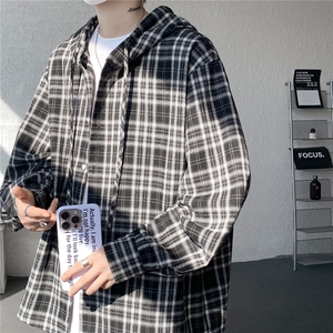 连帽格子衬衫男春季宽松大码慵懒风复古潮牌格纹休闲外套CS29011图片